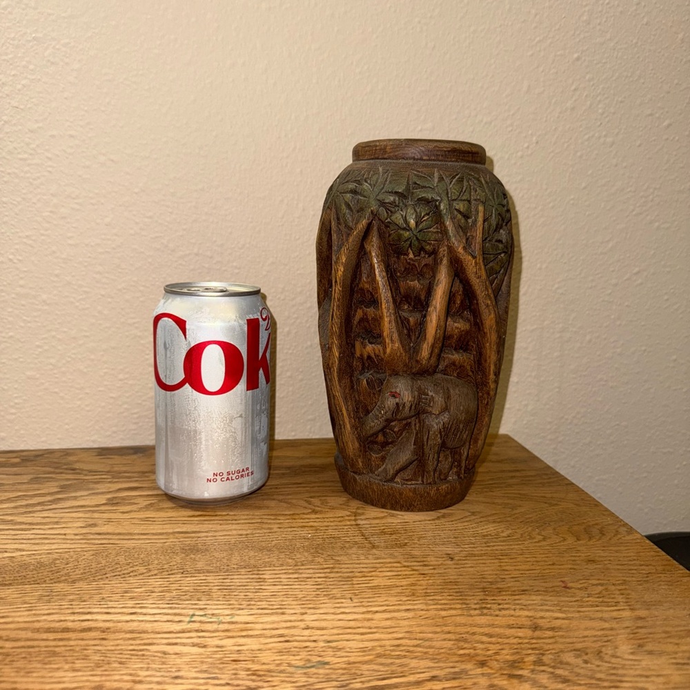 Vintage Hand-Carved Wooden Elephant Vase